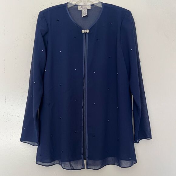 Patra Beaded Sheer Jacket 10 Navy Blue Jewel Clasp Pearls Dressy Evening Elegant - Picture 1 of 8